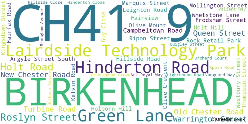 A word cloud for the CH41 9 postcode